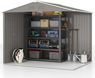 Caseta De Jardín 3.6M² en Acero Galvanizado Con Salidas de Aire, Cobertizo de Jardín Con Techo Inclinado, Doble Puertas Correderas Bloqueables, Cobertizo Para Herramientas, 236X174X190Cm, Gris