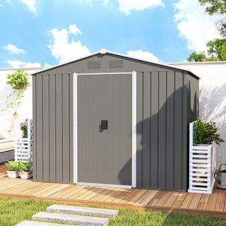 Caseta De Jardín 3.6M² en Acero Galvanizado Con Salidas de Aire, Cobertizo de Jardín Con Techo Inclinado, Doble Puertas Correderas Bloqueables, Cobertizo Para Herramientas, 236X174X190Cm, Gris