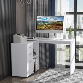 Scrivania angolare per computer da ufficio con cassettiera 117x83.5x76cm bianca
