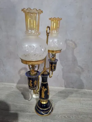 Lámpara de cerámica y metal azul/dorada