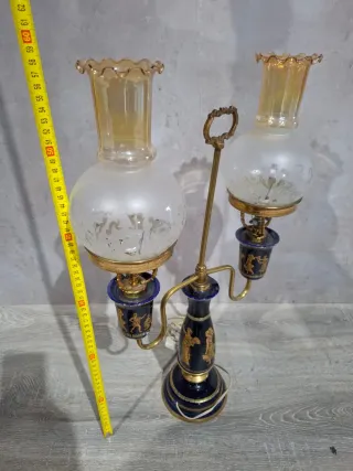 Lámpara de cerámica y metal azul/dorada