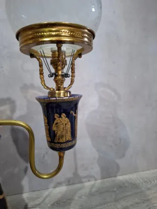 Lámpara de cerámica y metal azul/dorada