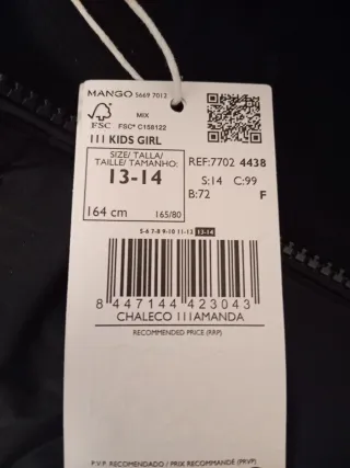 Chaleco Mango Negro Talla 13-14 años Nuevo