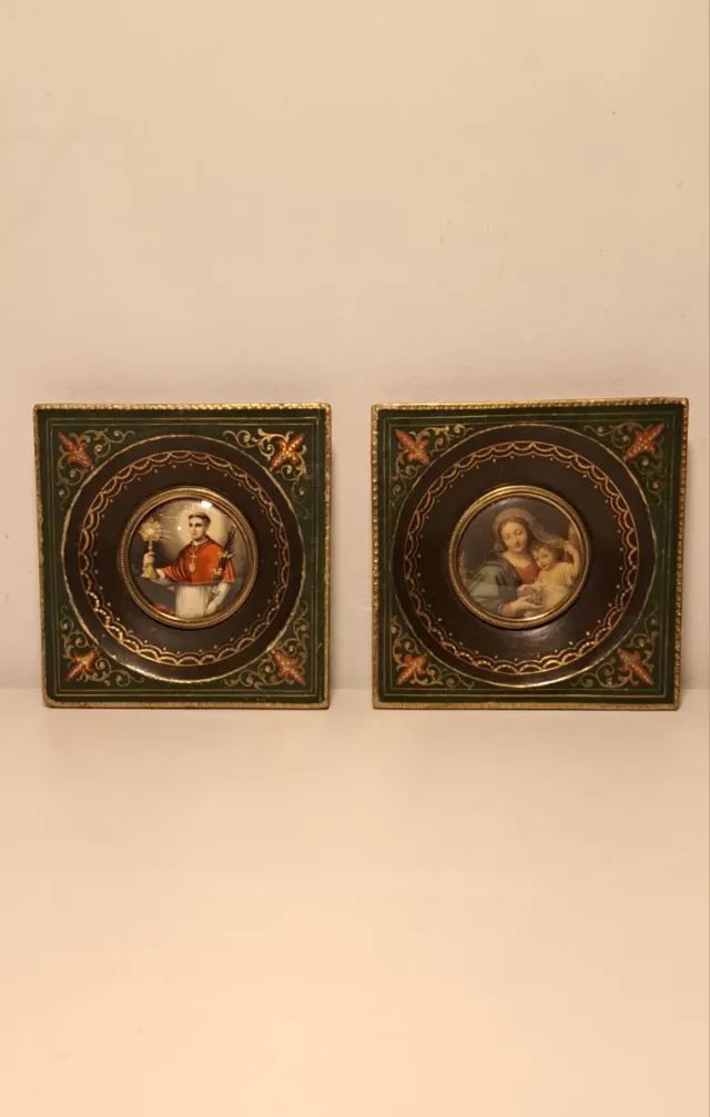 Pareja cuadros religiosos antiguos pan de oro