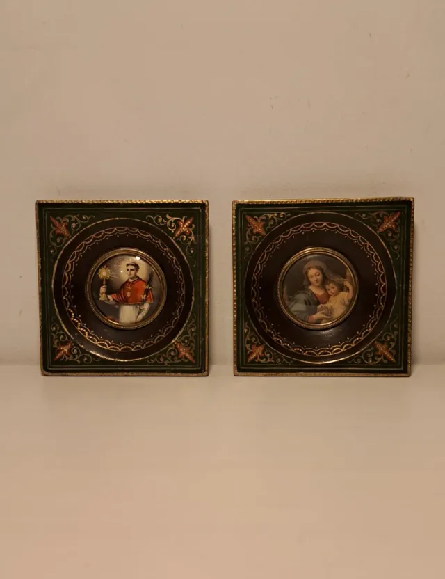 Pareja cuadros religiosos antiguos pan de oro