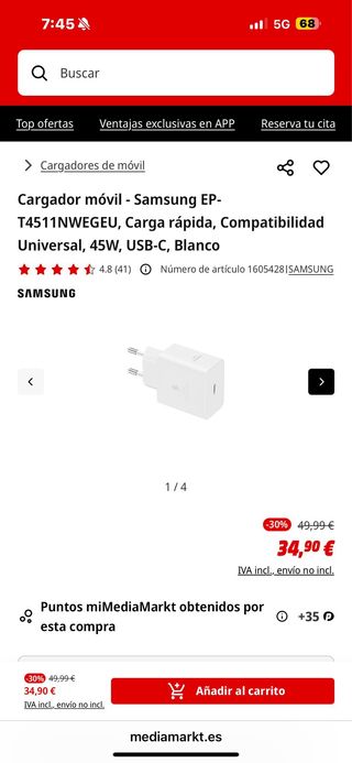Cargador Samsung 45W Nuevo.