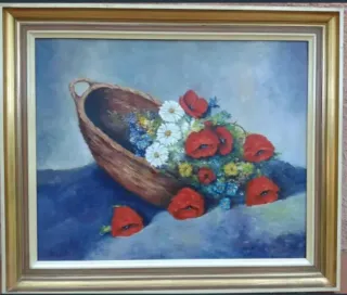 Cuadro óleo flores rojas y margaritas 72x60 cm