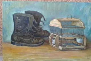 Cuadro al óleo: Botas y jaula