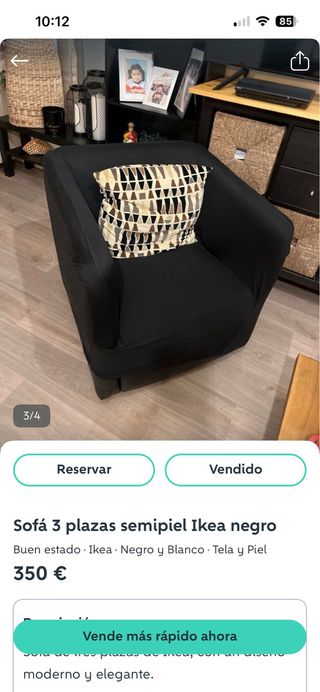 02 Sofá Ikea Negro Cuero y butaca con funda