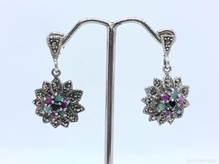 Pendientes Plata Flor Esmeraldas y Rubíes