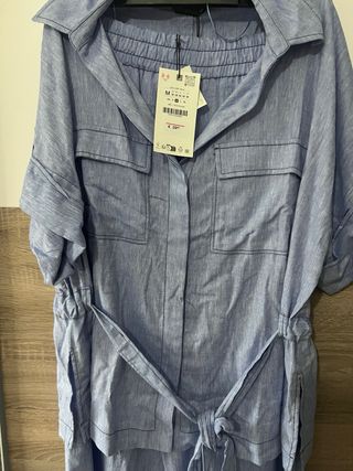 Conjunto Zara Camisa y Pantalón Lino Azul