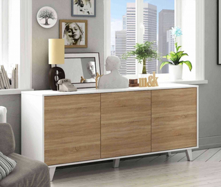 Aparador Nórdico 3 Puertas, Blanco Brillo y Roble