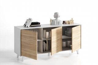 Aparador Nórdico 3 Puertas, Blanco Brillo y Roble