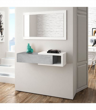 Recibidor Consola Cajón y Espejo. Blanco/Cemento