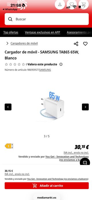 Cargador Samsung EP-TA865 65W