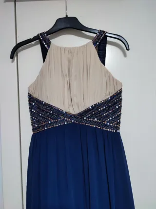 Vestido largo fiesta beige y azul