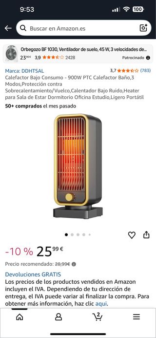 Calefactor PTC Bajo Consumo 900W