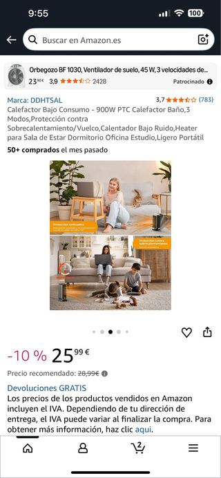 Calefactor PTC Bajo Consumo 900W