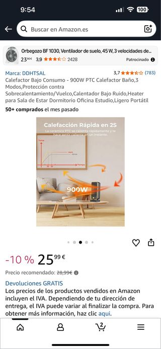 Calefactor PTC Bajo Consumo 900W