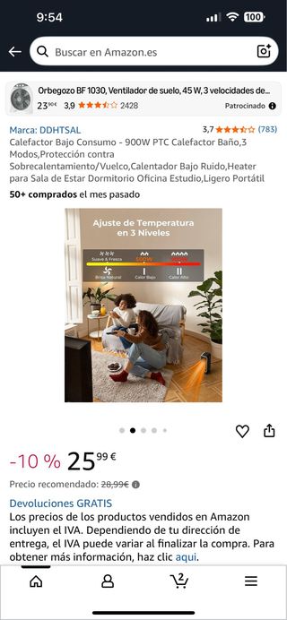 Calefactor PTC Bajo Consumo 900W