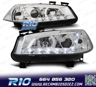 FAROS RENAULT MEGANE 02-05 LUZ DIURNA LED FONDO CROMO
