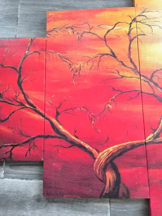 Cuadro árbol atardecer madera