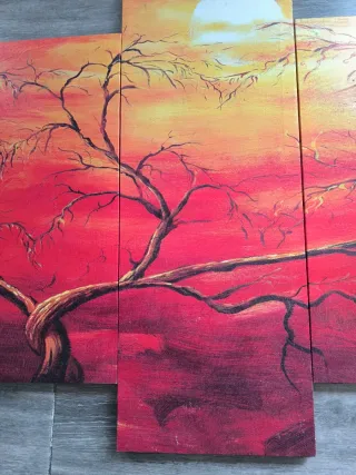 Cuadro árbol atardecer madera
