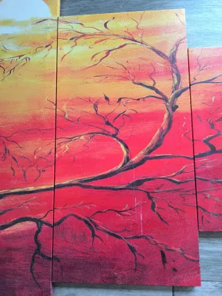 Cuadro árbol atardecer madera