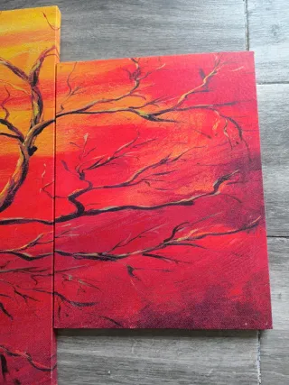 Cuadro árbol atardecer madera