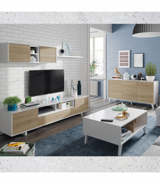 Mueble De Salón 200 Cm. Blanco Brillo/Roble Canad