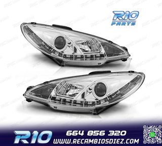 FAROS PEUGEOT 206 98-08 LUZ DIURNA REAL LED FONDO CROMO