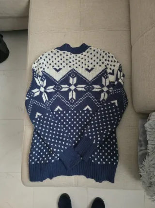 Chaqueta de punto azul y blanco 67cm de largo