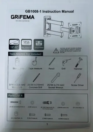 Soporte Pared TV GRIFEMA Full Motion 44lbs