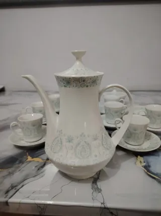 Juego de Té Porcelana Blanco y turquesa