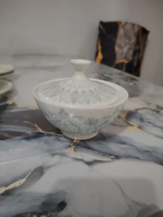 Juego de Té Porcelana Blanco y turquesa