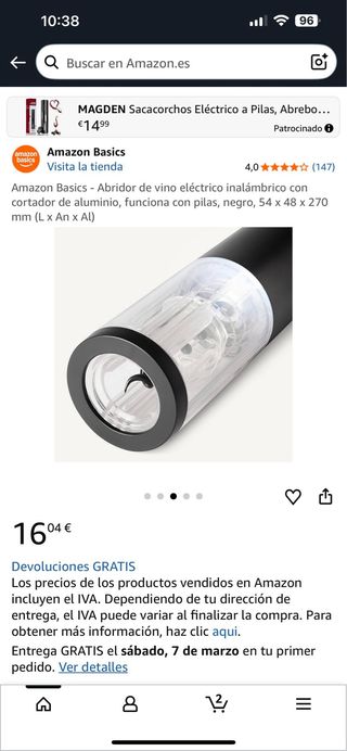 Abridor de vino eléctrico Amazon Basics