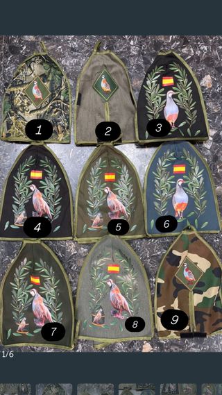 Sayuelas de caza con pájaros y bandera