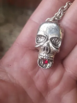 Collar Cadena Calavera con Piedras Rojas y Platead