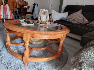 Mesa centro madera pino miel cristal