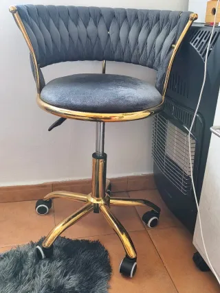 Silla Tocador Terciopelo Gris y Dorado