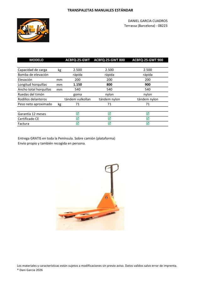 Transpaleta manual NUEVA 2.500 kg elevación rápida