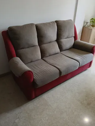 Sofá de 3 plazas tela gris y rojo