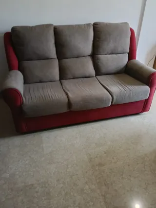 Sofá de 3 plazas tela gris y rojo