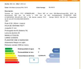 Ventana PVC Kömmerling 860x1170mm
