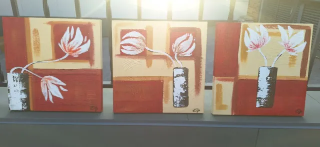 Conjunto 3 Cuadros Flores Beige y Rojo