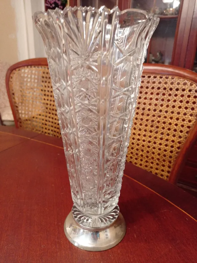 Jarrón Cristal Bohemia Pie Plata Tallado