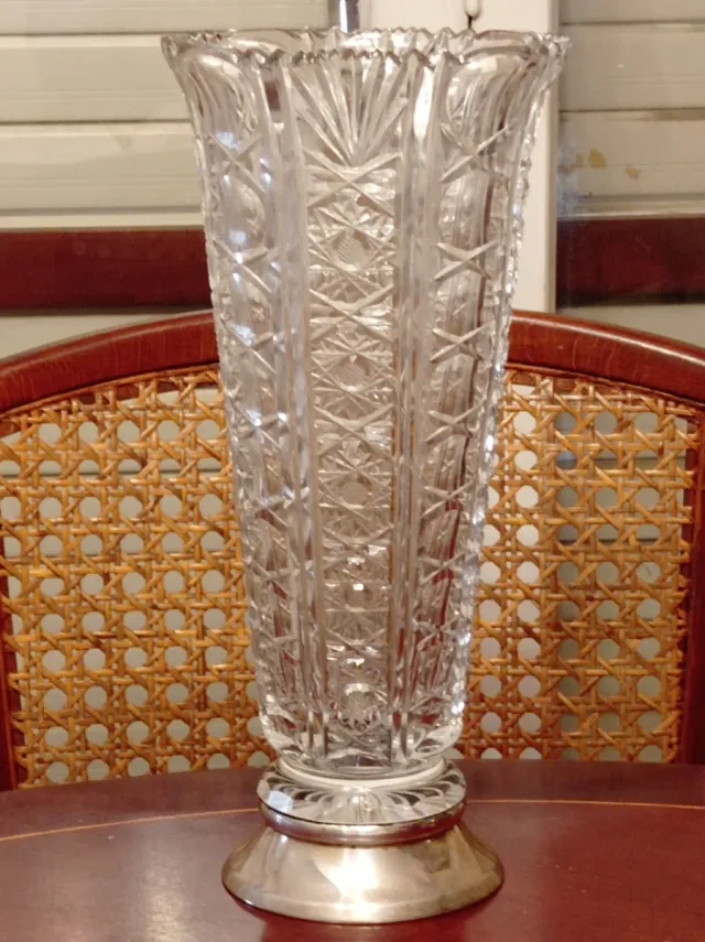 Jarrón Cristal Bohemia Pie Plata Tallado