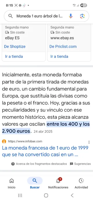 Moneda 1 Euro Árbol de la Vida 1999