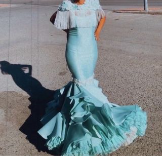 Vestido Flamenca Gitana Azul y Blanco