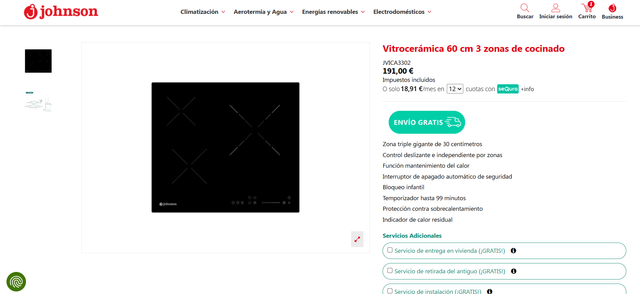 Vitrocerámica Johnson 3 fuegos ampliable